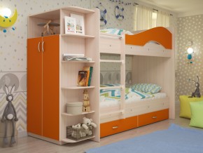 Кровать 2-х ярусная Мая с ящиками и шкафом на латофлексах оранж в Миньяре - minyar.mebel74.com | фото