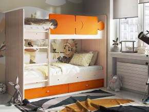 Кровать двухъярусная Тетрис латы с бортиками дуб млечный-оранжевый в Миньяре - minyar.mebel74.com | фото 1